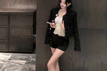 Tweed Button-Up Jacket & Crop Camisole Top