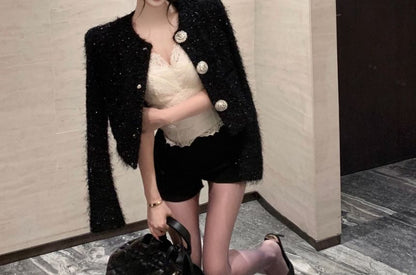 Tweed Button-Up Jacket & Crop Camisole Top