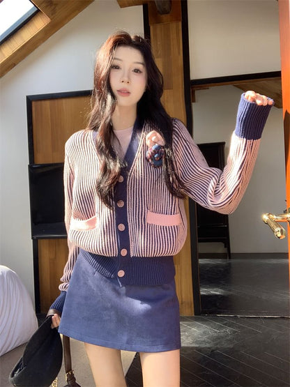 Ribbed V-Neck Cardigan & Mini Skirt Set with Brooch - Long Sleeve Knit Top
