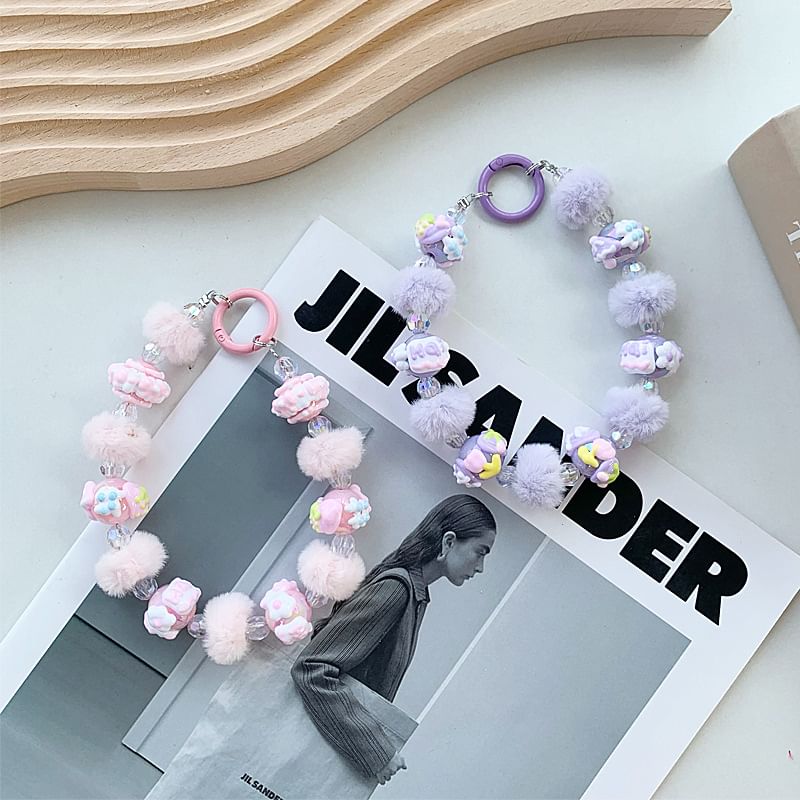 Heart Bead Pom Pom Phone Strap