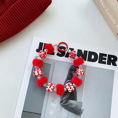 Heart Bead Pom Pom Phone Strap
