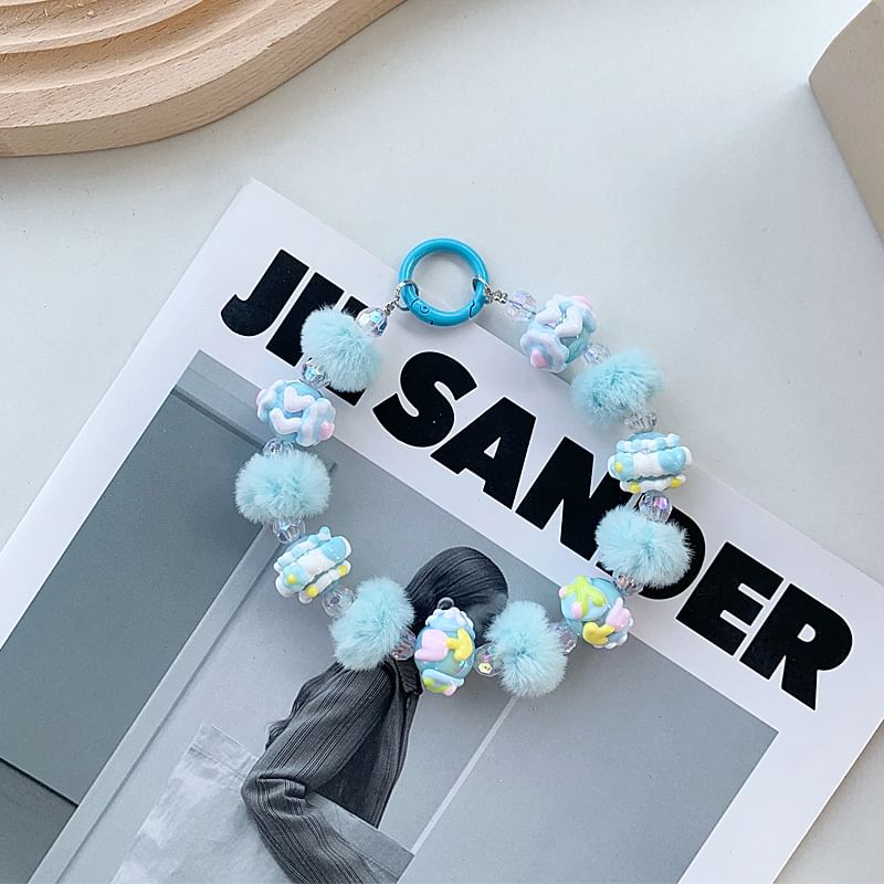 Heart Bead Pom Pom Phone Strap