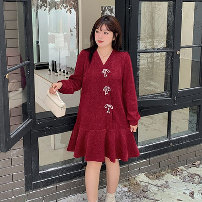 Plus Size Long-Sleeve V-Neck Glitter Bow Smock Dress