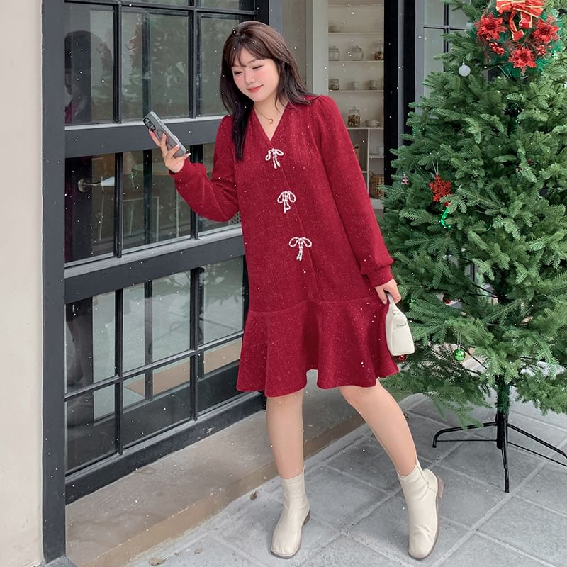 Plus Size Long-Sleeve V-Neck Glitter Bow Smock Dress