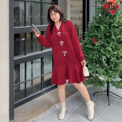 Plus Size Long-Sleeve V-Neck Glitter Bow Smock Dress