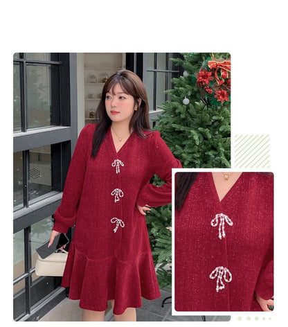 Plus Size Long-Sleeve V-Neck Glitter Bow Smock Dress