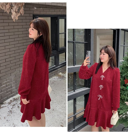 Plus Size Long-Sleeve V-Neck Glitter Bow Smock Dress