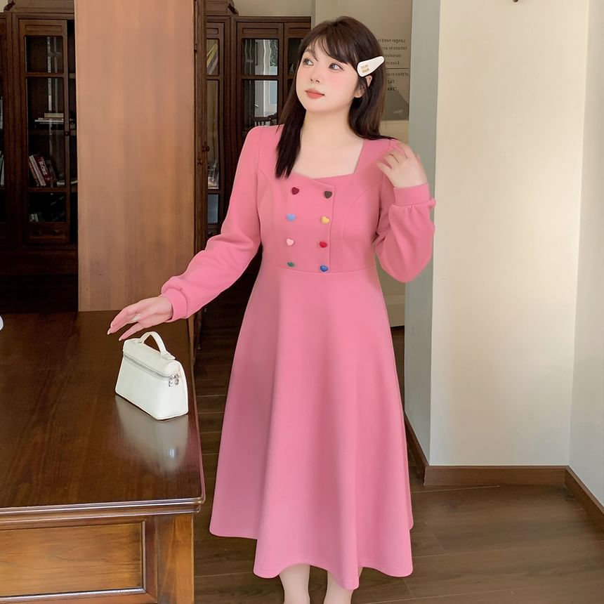 Plus Size Long-Sleeve Square Neck Plain Heart Button Maxi A-Line Dress