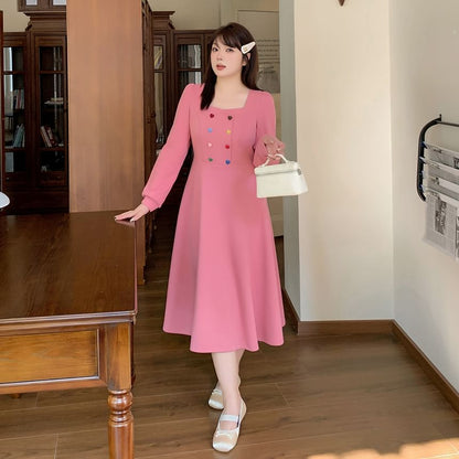 Plus Size Long-Sleeve Square Neck Plain Heart Button Maxi A-Line Dress