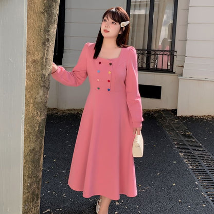 Plus Size Long-Sleeve Square Neck Plain Heart Button Maxi A-Line Dress