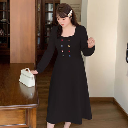 Plus Size Long-Sleeve Square Neck Plain Heart Button Maxi A-Line Dress