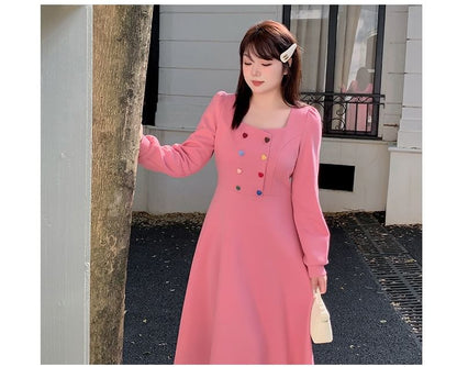 Plus Size Long-Sleeve Square Neck Plain Heart Button Maxi A-Line Dress