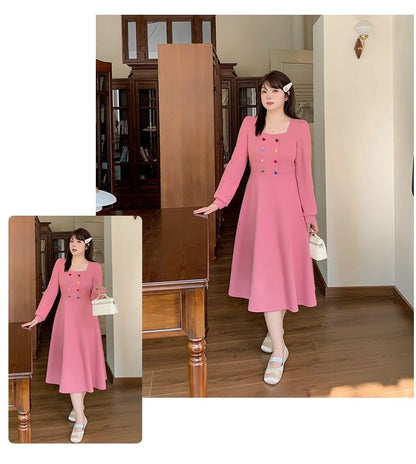Plus Size Long-Sleeve Square Neck Plain Heart Button Maxi A-Line Dress