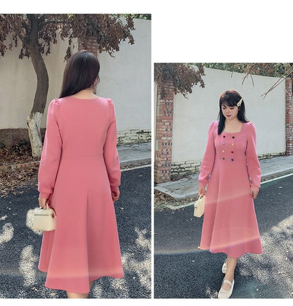 Plus Size Long-Sleeve Square Neck Plain Heart Button Maxi A-Line Dress