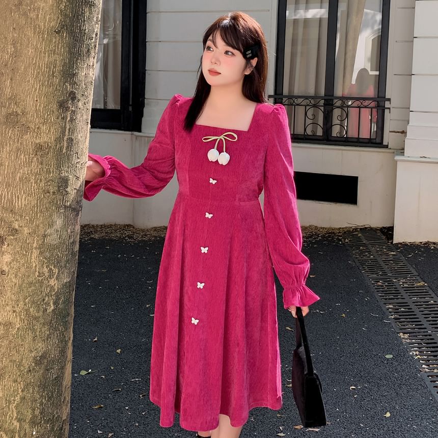 Plus Size Long-Sleeve Square Neck Plain Flower Detail Midi A-Line Dress