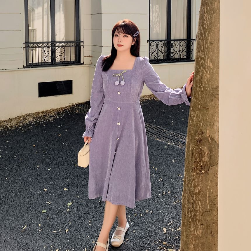 Plus Size Long-Sleeve Square Neck Plain Flower Detail Midi A-Line Dress