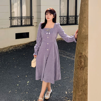 Plus Size Long-Sleeve Square Neck Plain Flower Detail Midi A-Line Dress