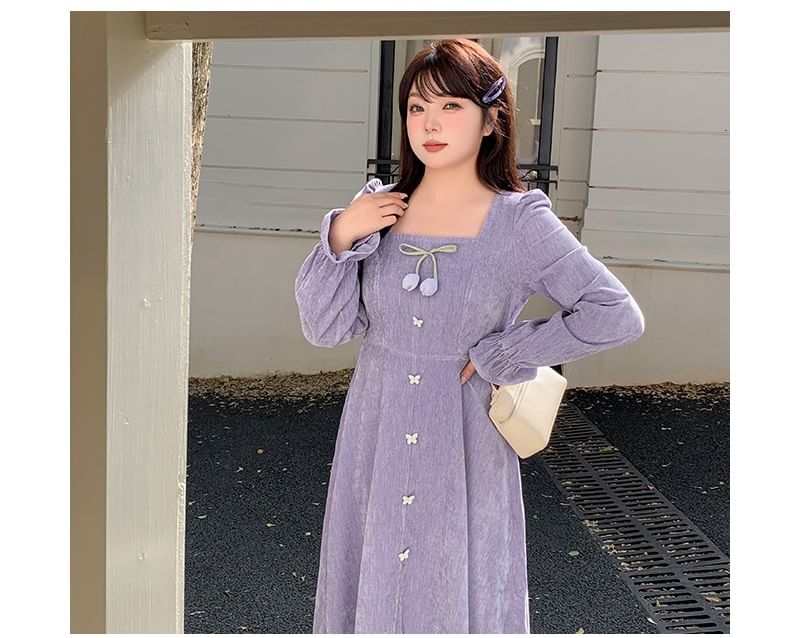 Plus Size Long-Sleeve Square Neck Plain Flower Detail Midi A-Line Dress