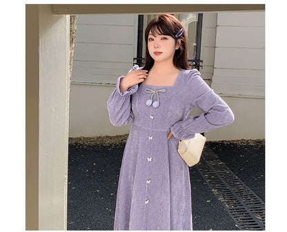 Plus Size Long-Sleeve Square Neck Plain Flower Detail Midi A-Line Dress