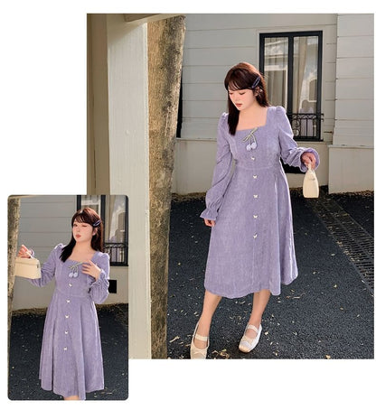 Plus Size Long-Sleeve Square Neck Plain Flower Detail Midi A-Line Dress