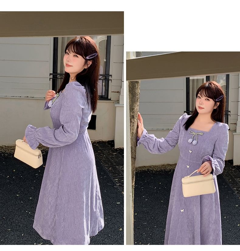 Plus Size Long-Sleeve Square Neck Plain Flower Detail Midi A-Line Dress