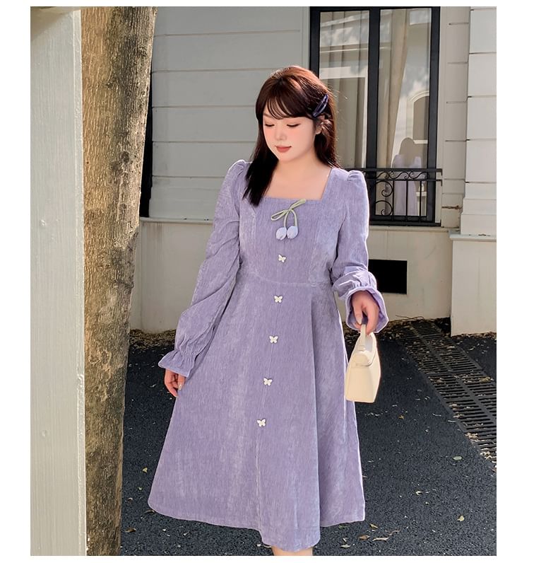 Plus Size Long-Sleeve Square Neck Plain Flower Detail Midi A-Line Dress