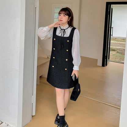 Plus Size Puff-Sleeve Plain Ruffle Bow Shirt / Square Neck Mini Jumper Dress