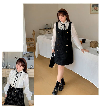 Plus Size Puff-Sleeve Plain Ruffle Bow Shirt / Square Neck Mini Jumper Dress