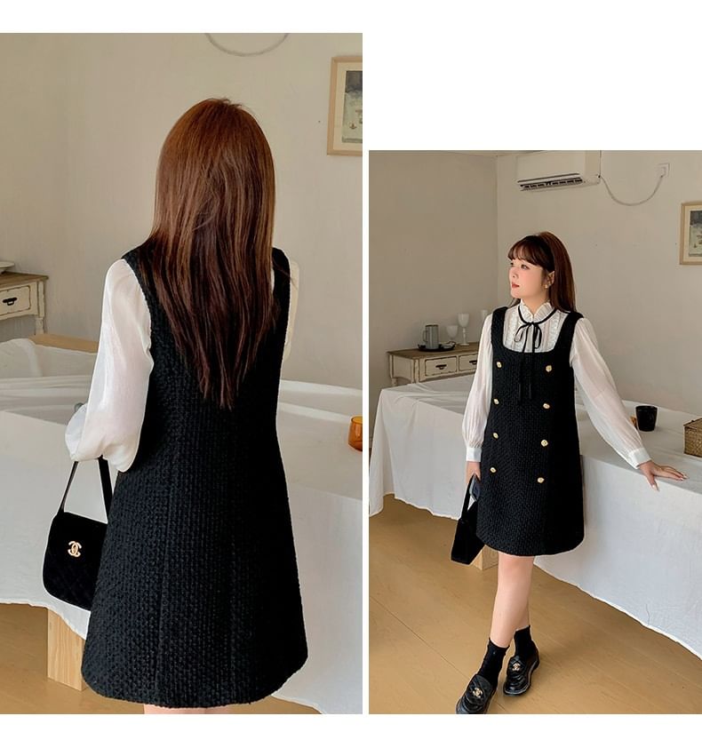 Plus Size Puff-Sleeve Plain Ruffle Bow Shirt / Square Neck Mini Jumper Dress