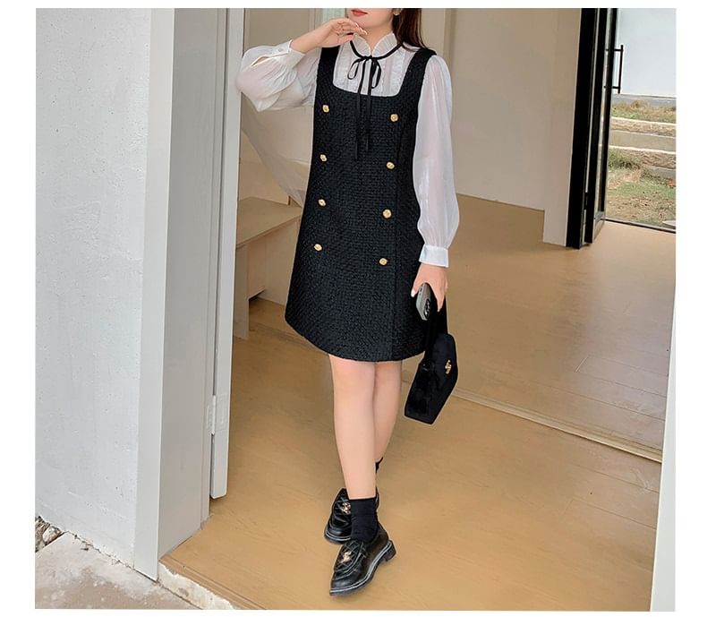 Plus Size Puff-Sleeve Plain Ruffle Bow Shirt / Square Neck Mini Jumper Dress