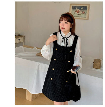 Plus Size Puff-Sleeve Plain Ruffle Bow Shirt / Square Neck Mini Jumper Dress