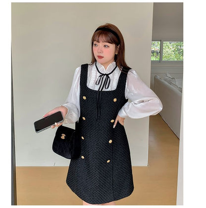 Plus Size Puff-Sleeve Plain Ruffle Bow Shirt / Square Neck Mini Jumper Dress