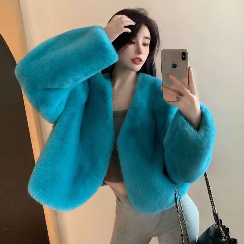 V-Neck Plain Faux Fur Fluffy Jacket