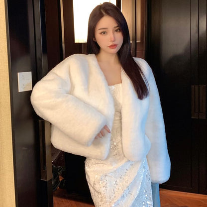 V-Neck Plain Faux Fur Fluffy Jacket