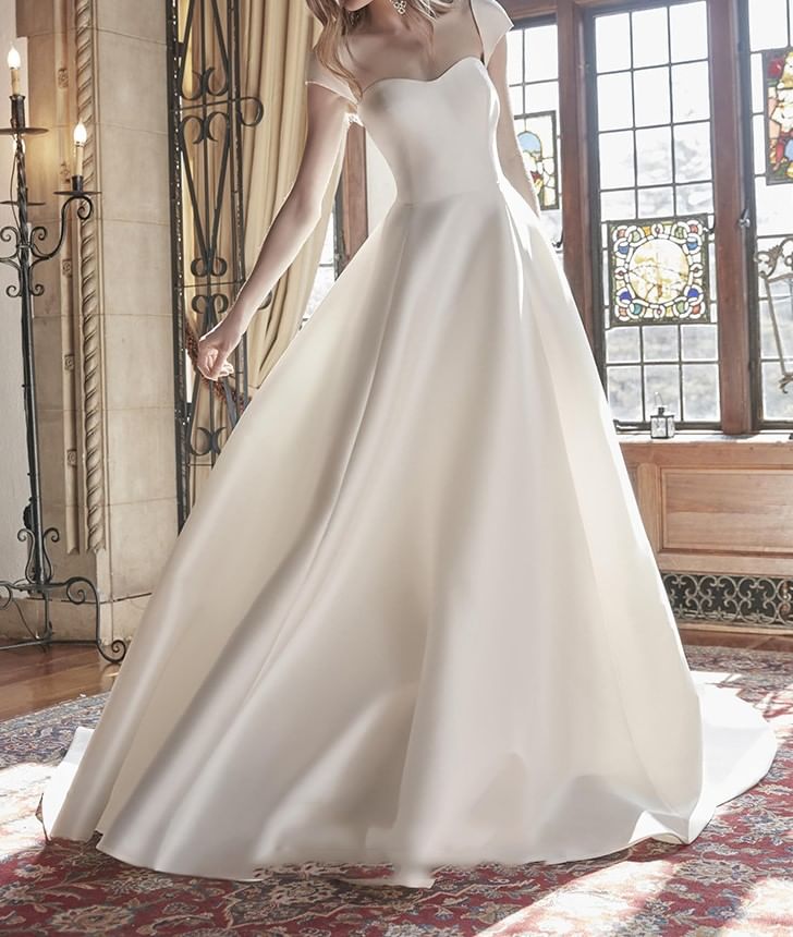 Cap-Sleeve Sweetheart Neckline Plain Trained A-Line Wedding Gown