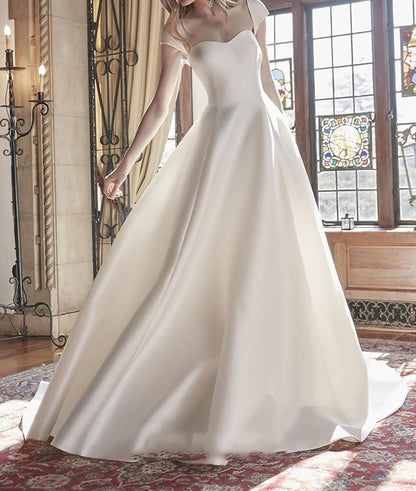 Cap-Sleeve Sweetheart Neckline Plain Trained A-Line Wedding Gown