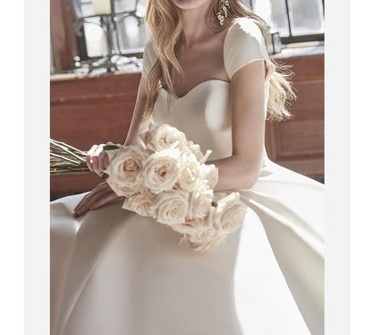 Cap-Sleeve Sweetheart Neckline Plain Trained A-Line Wedding Gown