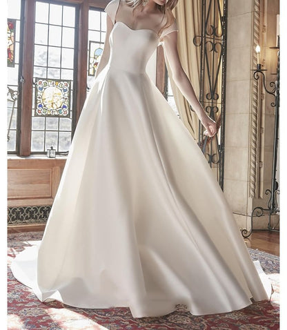 Cap-Sleeve Sweetheart Neckline Plain Trained A-Line Wedding Gown