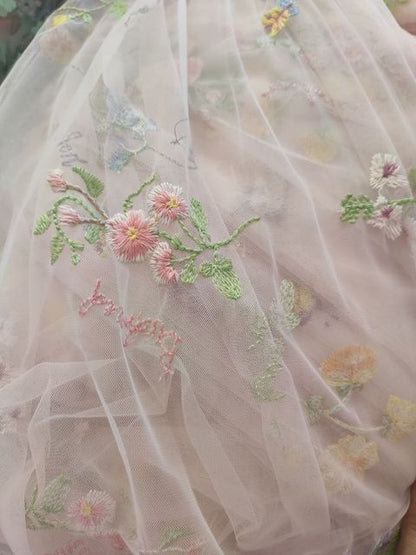 Long-Sleeve Floral Embroidered Open Back A-Line Evening Dress