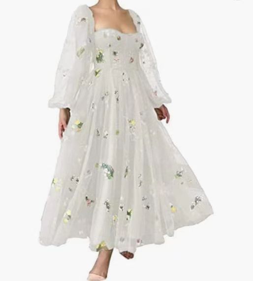 Long-Sleeve Floral Embroidered Open Back A-Line Evening Dress