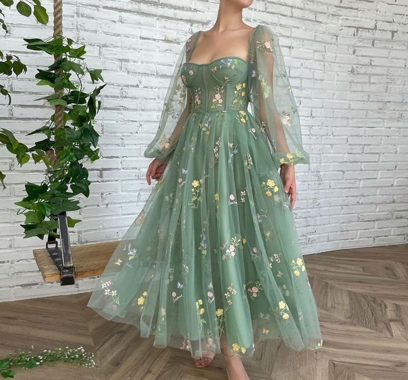 Long-Sleeve Floral Embroidered Open Back A-Line Evening Dress