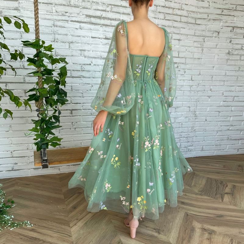 Long-Sleeve Floral Embroidered Open Back A-Line Evening Dress