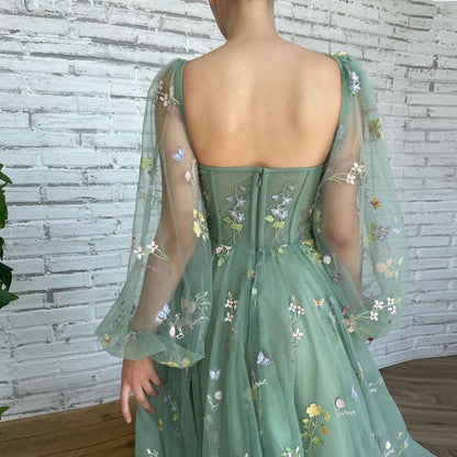 Long-Sleeve Floral Embroidered Open Back A-Line Evening Dress