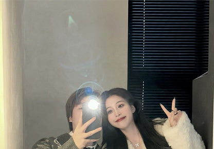 V-Neck Plain Fluffy Button Jacket / Drawstring Waist Wide Leg Pants