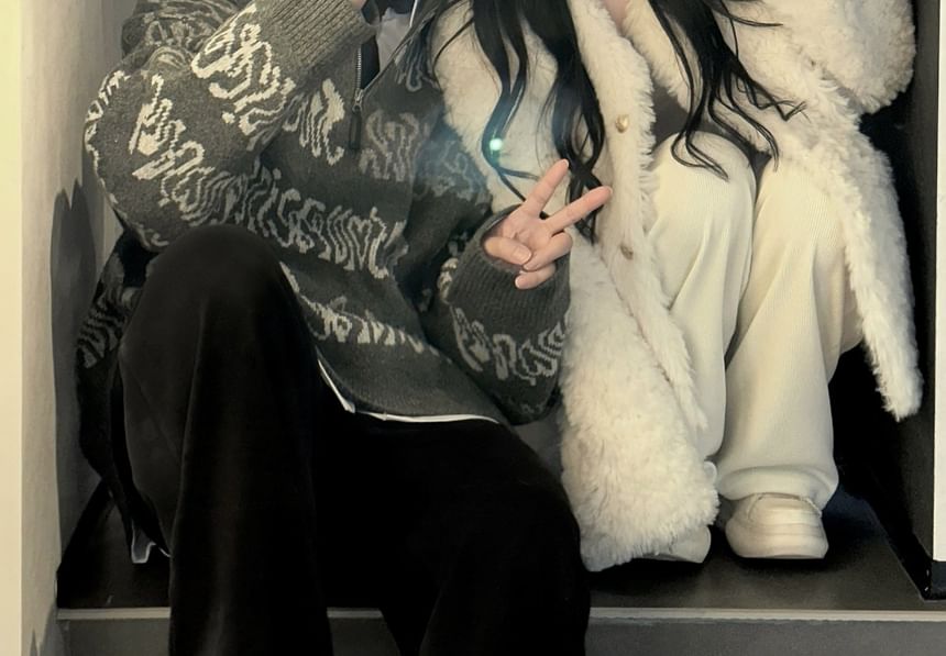 V-Neck Plain Fluffy Button Jacket / Drawstring Waist Wide Leg Pants