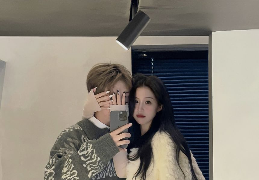 V-Neck Plain Fluffy Button Jacket / Drawstring Waist Wide Leg Pants