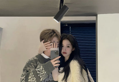 V-Neck Plain Fluffy Button Jacket / Drawstring Waist Wide Leg Pants