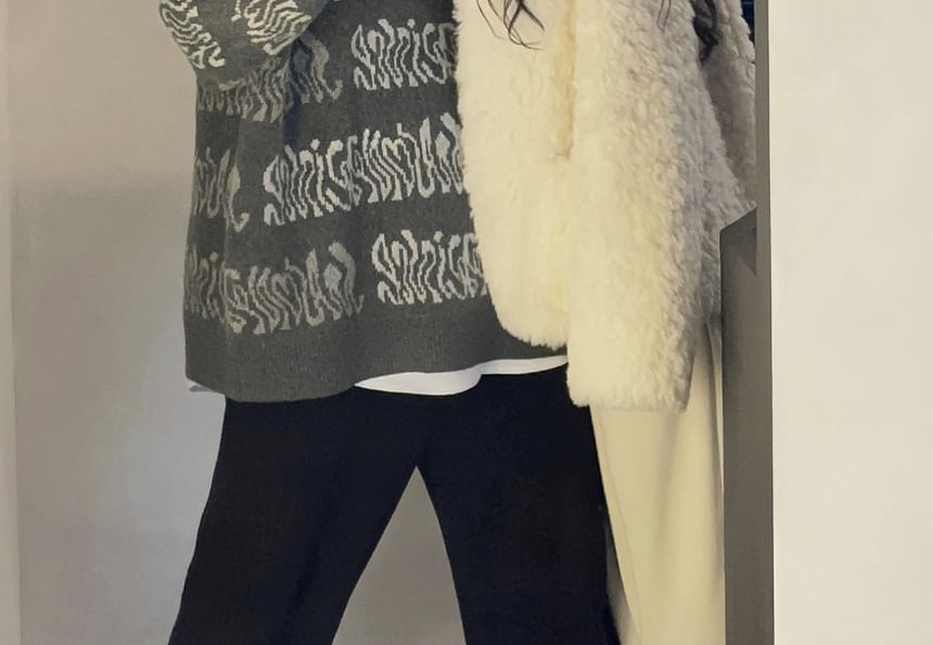 V-Neck Plain Fluffy Button Jacket / Drawstring Waist Wide Leg Pants