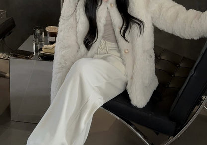 V-Neck Plain Fluffy Button Jacket / Drawstring Waist Wide Leg Pants