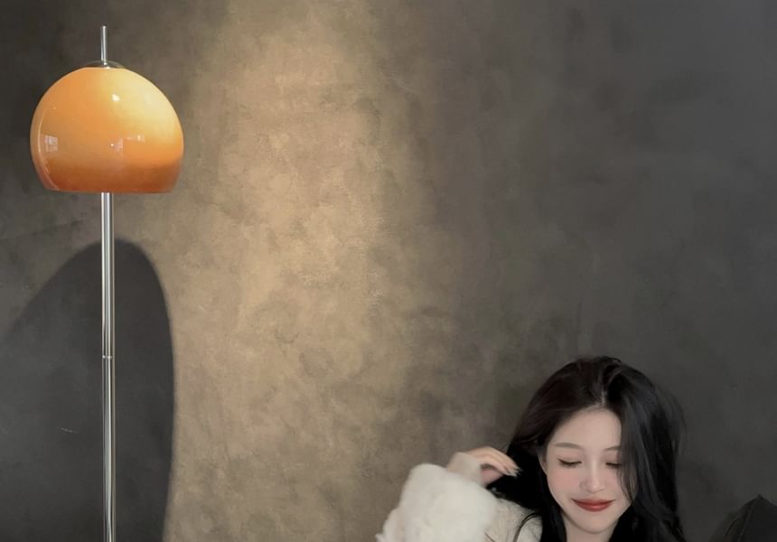 V-Neck Plain Fluffy Button Jacket / Drawstring Waist Wide Leg Pants